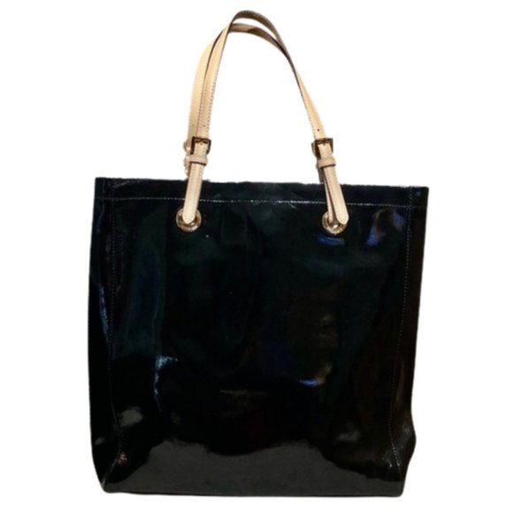 Michael Kors Black Leather Purse with Cream Leather Straps and Gold Buckles - Picture 1 of 14
